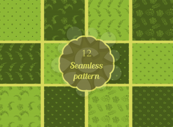 Abstract flowers, hearts, circles. Set of seamless patterns in soft green and green tones. The patterns for textiles, scrapbooking and other creative