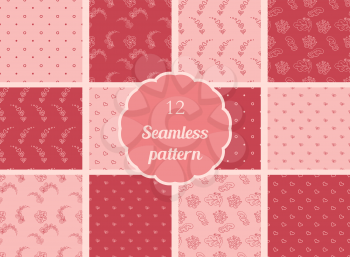 Abstract flowers, hearts, circles. Set of seamless patterns in soft red and red tones. The patterns for textiles, scrapbooking and other creative