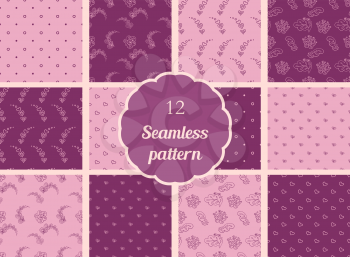 Abstract flowers, hearts, circles. Set of seamless patterns in soft violet and violet tones. The patterns for textiles, scrapbooking and other creative