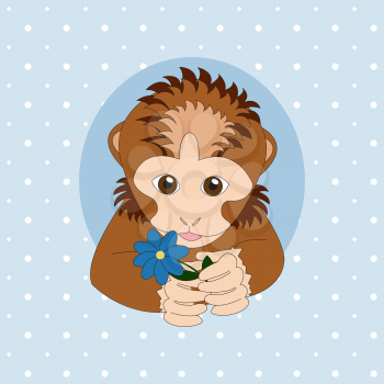 Brown monkey holding a blue flower. Print for cards, children's books, clothes