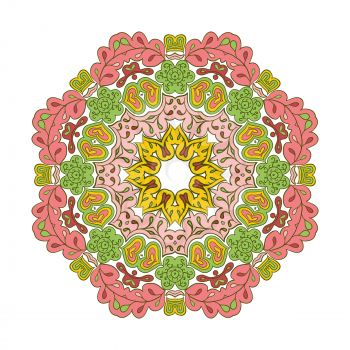 Floral lace motifs. Mandala. Zentangl relaxation. Hand drawn background. Many elements of pink, yellow and green tones