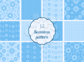 Flowers, hearts, circles. Set of seamless patterns in soft blue and blue colors. The patterns for textiles, scrapbooking and other creative
