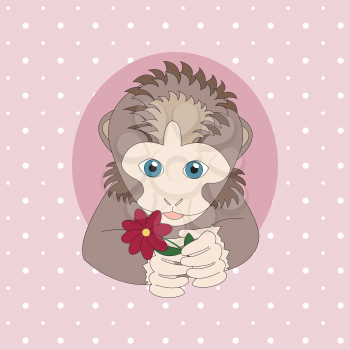 Light brown monkey holding a red flower. Print for cards, children's books, clothes