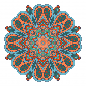 Mandala doodle drawing. Colorful floral round ornament. Ethnic motives. Zentangle Hearts, flower petals. Green, blue.