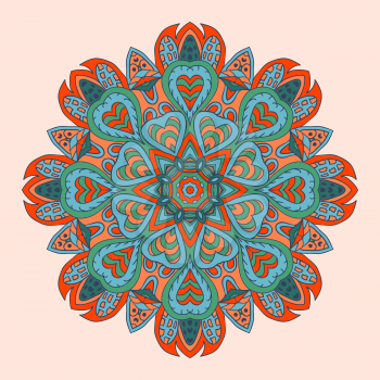 Mandala doodle drawing. Colorful round ornament. Ethnic motives. Zentangl Hearts. Green and orange tones