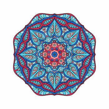 Mandala. Doodle drawing. Round ornament. Red and blue colors