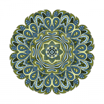 Mandala. Doodle drawing. Round ornament relax. Olive and blue colors