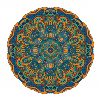 Mandala Eastern pattern. Zentangl round ornament. Orange and blue
