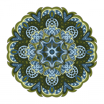 Mandala flower. Doodle drawing. Round ornament. Olive and blue colors