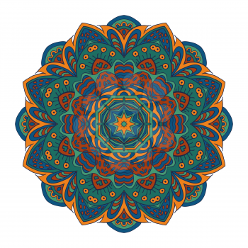 Mandala flower zentangl. Doodle drawing. Round ornament. Blue, green and mustard colors