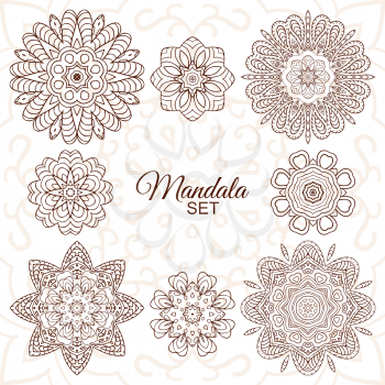 Mandala set. Round decorative ornaments for creativity. Doodle drawing, ethnic motifs. 8 pictures