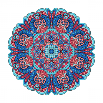Mandala zentangl flower. Doodle drawing. Round ornament. Red and blue colors