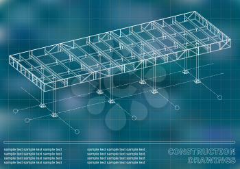 Construction drawings. 3D metal construction. Cover, blue background for inscriptions. Grid