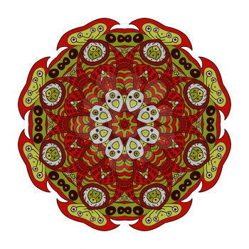 Mandala doodle drawing. Colorful floral round ornament. Ethnic solar Arabic motifs. Zentangle. Red and green, bright green color. Vector