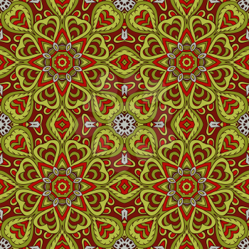 Mandala doodle drawing. Colorful seamless ornament. Ethnic motives. Zentangl Hearts. Red and green tones