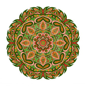 Mandala Eastern pattern. Zentangl round ornament. Green and orange tones