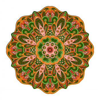 Mandala Eastern pattern. Zentangl round ornament. Orange and green colors