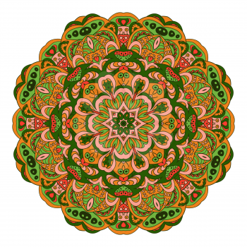 Mandala Eastern pattern. Zentangl round ornament. Orange, pink and green tones