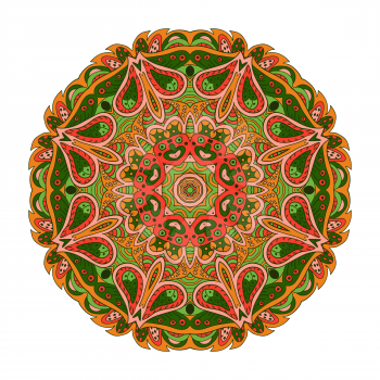 Mandala Eastern pattern. Zentangl round ornament. Orange, rose and green colors