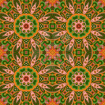Mandala Eastern pattern. Zentangl seamless ornament.  Orange and green colors