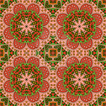 Mandala Eastern pattern. Zentangl seamless ornament. Orange and green tones