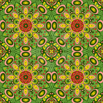 Mandala Eastern pattern. Zentangl seamless ornament. Yellow, rose, green tones