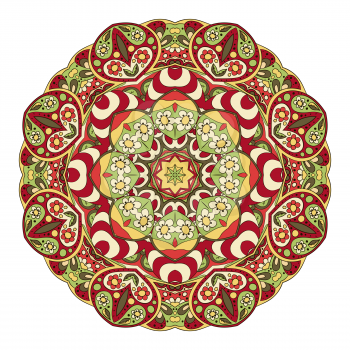 Mandala. Zentangl. Round ornament for creativity. Oriental motifs. Relax, meditation. Flower. Red and green colors