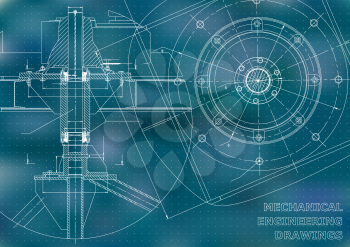 Mechanical engineering drawings. Vector blue background. Points