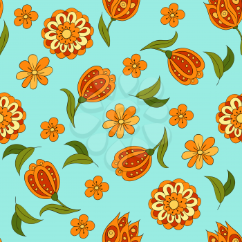 Seamless pattern with spring flowers. Cover, background. Orange and green colors. Blue