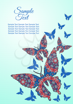 Spring postcard, cover, bright background for inscriptions. Butterflies fly upward. Cute pattern in blue
