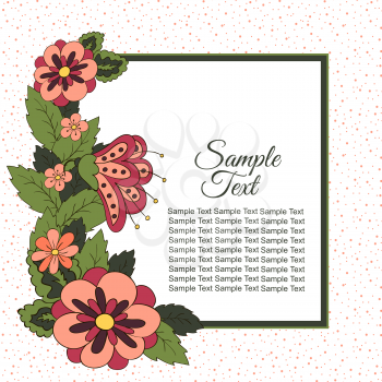 Spring postcard, cover, bright background for inscriptions. Hello Spring. Flowers. Sample text. Pattern in green, red, cream tones