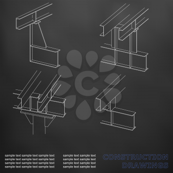 3D metal construction. The beams and columns. Cover, background for inscriptions. Construction drawings. Black
