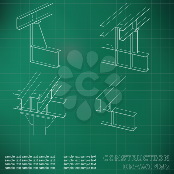 3D metal construction. The beams and columns. Cover, background for inscriptions. Construction drawings. Green. Grid line