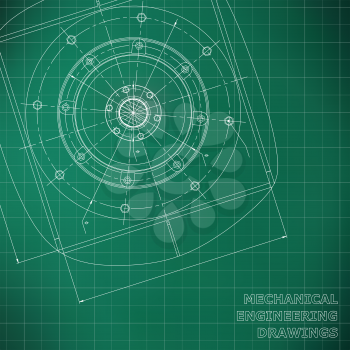 Mechanical engineering drawings. Engineering illustration. Vector background. Green. Grid line