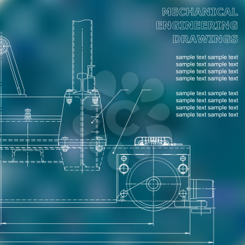 Mechanical engineering drawings on a black background. Vector. For inscriptions. Blue