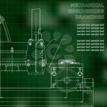 Mechanical engineering drawings on a black background. Vector. For inscriptions. Green. Grid