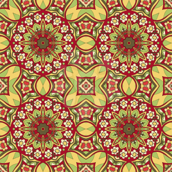 Seamless Mandala. Seamless oriental pattern. Doodle drawing. Hand drawing. Snowflake, floral motifs. Yellow and red