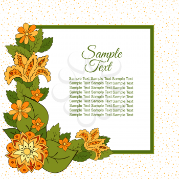 Summer postcard, cover, bright background for inscriptions. Summer. Flower. Green and orange tones. Sample text