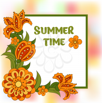 Summer postcard, cover, bright background for inscriptions. Summer. Pattern in green and orange. Colourful summer