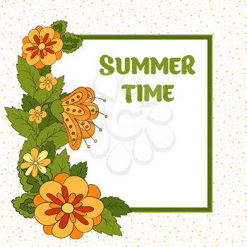 Summer postcard, cover, bright background for inscriptions. Summer. Pattern in green, orange