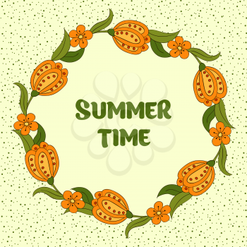 Summer postcard, cover, bright background for inscriptions. Summer Time. Cute pattern in green and orange