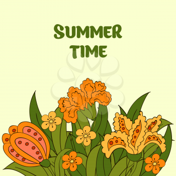 Summer postcard, cover. Summer. Green, orange, yellow