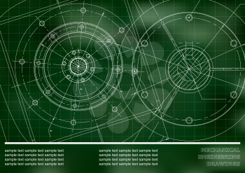 Vector Mechanical engineering drawings on a green background. Cover, Background for inscription labels. Corporate Identity. Grid