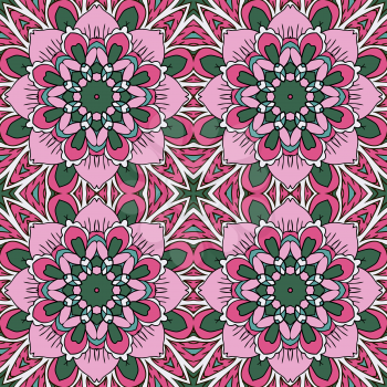 Mandala. Oriental ornament relaxing. Doodle Seamless pattern. Pink and blue tones