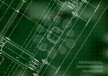 Mechanical Engineering drawing. Blueprints. Mechanics. Cover. Engineering design, construction. Green. Grid