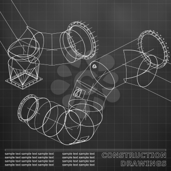 Black. Grid. Drawings of steel structures. Pipes and pipe. 3d blueprint of steel structures. Background for your design