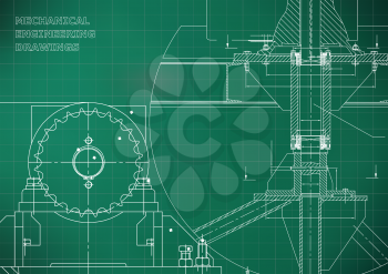 Blueprints. Mechanical construction. Engineering illustrations. Technical Design. Banner. Light green. Grid