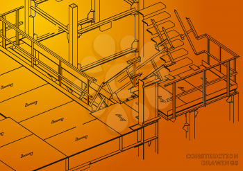 Building. Metal constructions. Volumetric constructions. 3D design. Abstract backgrounds. Orange