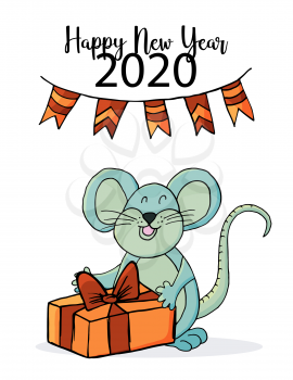 Cute mouse or rat, symbol of 2020. New Year greeting card, flyer, banner. Holiday poster, invitation. Vector style, eps 10