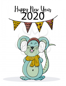 Cute mouse or rat, symbol of 2020. New Year greeting flyer. Vector. Happy new year